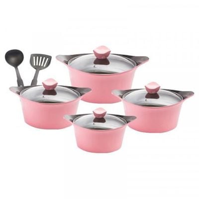 Royalford RF9385 10 Pcs Aluminium Korean Cookware Set, Pink - 4.5mm Thick Base, 2mm Body Thickness Scratch Resistant, Tempered Glass Lids, 2.5MM Body Thickness, Bakelite Knobs, & CD Bottom