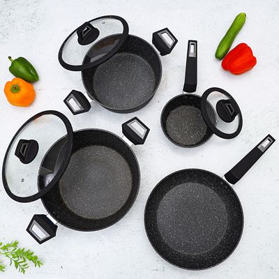 Royalford RF9557 Chef Art Aluminium Cookware Set, 7 Pieces, Black, Scratch Resistant, Tempered Glass Lids with Silicone Ring, 2.5MM Body Thickness, Bakelite Knobs, & CD Bottom | Compatible with Multiple Hobs