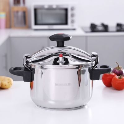 Royalford RF9651 Stainless Steel Pressure Cooker 9L - Lightweight & Home Kitchen Pressure Cooker with Lid, Multi-Safety Device with Cool Touch Handles and Safety Valves - for Gas and Solid Hotplates (9L)