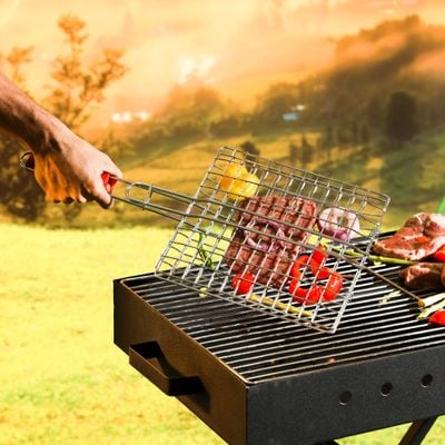 Royalford Barbeque Grill, Chromium Plated Iron with Handle, RF10383 | Folding Portable BBQ Grill | Strong Extra Thick Heavy Grill Basket for Fish, Vegetables, or Shrimp