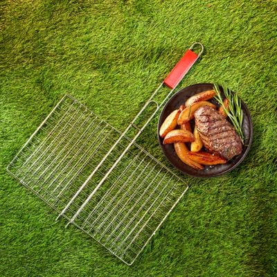 Royalford Barbeque Grill , Chrome Plated Iron, Wooden Handle, RF10384 | Folding Portable Grill Basket for Fish Vegetables, Shrimp | Larger Grilling Area | Extended Heat Resistant Handle