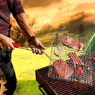 Royalford Barbeque Grill | Chromium Plated Iron | with Wooden Handle | RF10373 - Folding Portable BBQ Grill Basket for Fish Vegetables Shrimp with Removable Handle, Larger Grilling Area