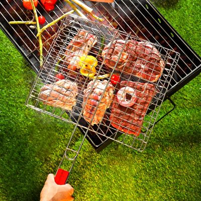 Royalford Barbeque Grill Chromium Plated Iron, RF10382 - Wooden Handle, Folding Portable BBQ Grill Basket for Fish Vegetables Shrimp, Larger Grilling Area