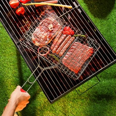 Royalford Barbeque Grill, Chromium Plated Iron Construction, RF10371 | Folding Portable BBQ Grill Basket for Fish, Vegetables, Shrimp with Removable Heat Resistant Wooden Handle