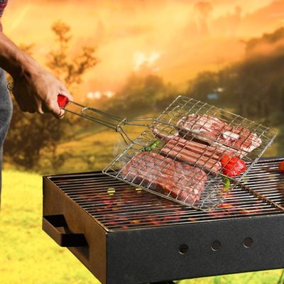 Royalford Barbeque Grill, Chromium Plated Iron Construction, RF10371 | Folding Portable BBQ Grill Basket for Fish, Vegetables, Shrimp with Removable Heat Resistant Wooden Handle