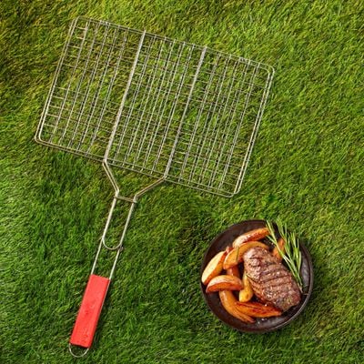 Royalford Barbeque Grill, Chromium Plated Iron Construction, RF10371 | Folding Portable BBQ Grill Basket for Fish, Vegetables, Shrimp with Removable Heat Resistant Wooden Handle