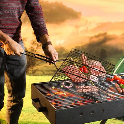 Royalford Barbeque Grill, Chromium Plated Iron with Handle, RF10385 | Folding Portable BBQ Grill for Fish Vegetables Shrimp | Larger Grilling Area | Durable E-Coating Black Painted