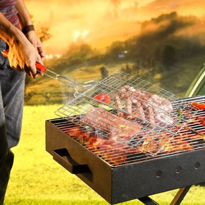 Royalford Barbeque Grill Chromium Plated Iron RF10376 - Wooden Handle, Folding Portable BBQ Grill Basket for Fish Vegetables Shrimp, Larger Grilling Area