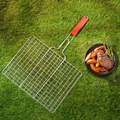 Royalford Barbeque Grill Chromium Plated Iron RF10376 - Wooden Handle, Folding Portable BBQ Grill Basket for Fish Vegetables Shrimp, Larger Grilling Area