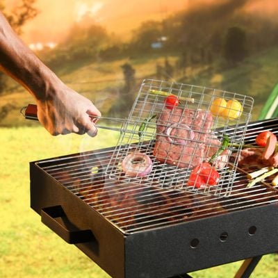 Royalford Barbeque Grill Chromium Plated Iron, RF10378 - Wooden Handle, Folding Portable BBQ Grill Basket for Fish Vegetables Shrimp, Larger Grilling Area