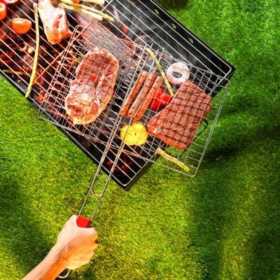 Royalford Barbeque Grill Chromium Plated Iron, RF10377 - Wooden Handle, Folding Portable BBQ Grill Basket for Fish Vegetables Shrimp, Larger Grilling Area