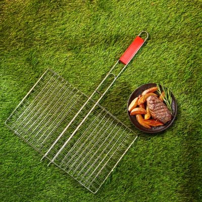 Royalford Barbeque Grill Chromium Plated Iron, RF10377 - Wooden Handle, Folding Portable BBQ Grill Basket for Fish Vegetables Shrimp, Larger Grilling Area