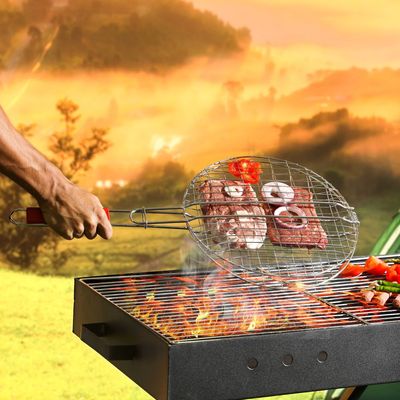 Royalford Barbeque Grill Chromium Plated Iron, RF10375 - Wooden Handle, Folding Portable BBQ Grill Basket for Fish Vegetables Shrimp, Larger Grilling Area