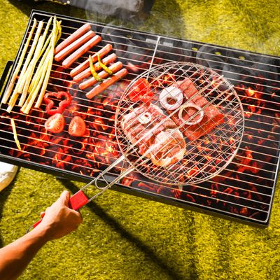 Royalford Barbeque Grill Chromium Plated Iron, RF10375 - Wooden Handle, Folding Portable BBQ Grill Basket for Fish Vegetables Shrimp, Larger Grilling Area