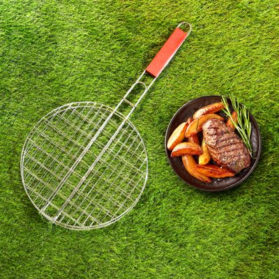 Royalford Barbeque Grill Chromium Plated Iron, RF10375 - Wooden Handle, Folding Portable BBQ Grill Basket for Fish Vegetables Shrimp, Larger Grilling Area