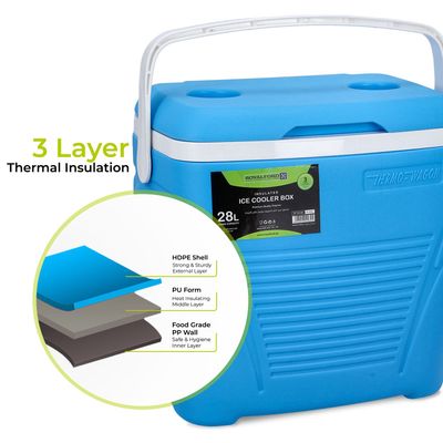 Royalford Insulated Ice Cooler Box, 28L Portable Ice Chest, RF10481 | 3 Layer PP-PU-HDPE | Premium Quality Polymer | Thermal Insulation | Camping Cooler Ice Box for BBQs, Outdoor Activities