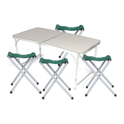 Royalford Camping Table and Chairs- RF11676| Lightweight, Portable and Foldable, Folds Flat for Storage| Iron Tube with Washable Cloth, Aluminum with Fireboard Table, Perfect for Indoor and Outdoor Entertainment| Silver