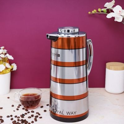 Royalford RF9590 1.9L Double Wall Golden Figured Vacuum Flask - Portable Heat Insulated Thermos Hot/Cold Long Hours Retention | Push Button | Coffee, Hot Water, Tea, Beverage | Ideal for Commercial & Outings