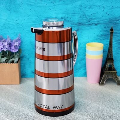 Royalford RF9590 1.9L Double Wall Golden Figured Vacuum Flask - Portable Heat Insulated Thermos Hot/Cold Long Hours Retention | Push Button | Coffee, Hot Water, Tea, Beverage | Ideal for Commercial & Outings