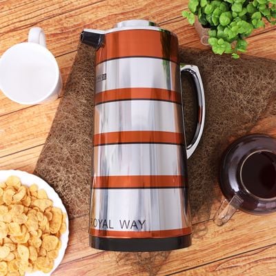 Royalford RF9590 1.9L Double Wall Golden Figured Vacuum Flask - Portable Heat Insulated Thermos Hot/Cold Long Hours Retention | Push Button | Coffee, Hot Water, Tea, Beverage | Ideal for Commercial & Outings