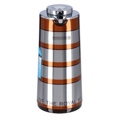 Royalford RF9588 - Double Wall Golden Figured Vacuum Flask | 1.3 L | Portable Heat Insulated Thermos for Keeping Hot/Cold 24 & 36 Hours Retention | Push Button | Coffee, Hot Water, Tea, Beverage | Ideal for Commercial & Outings