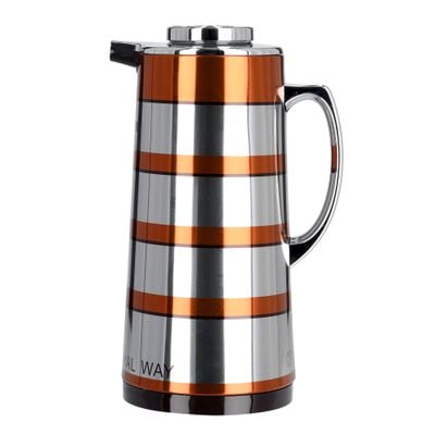 Royalford RF9588 - Double Wall Golden Figured Vacuum Flask | 1.3 L | Portable Heat Insulated Thermos for Keeping Hot/Cold 24 & 36 Hours Retention | Push Button | Coffee, Hot Water, Tea, Beverage | Ideal for Commercial & Outings