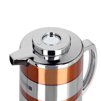 Royalford RF9589 1.6L Double Wall Golden Figured Vacuum Flask - Portable Heat Insulated Thermos Hot/Cold Long Hours Retention | Push Button | Coffee, Hot Water, Tea, Beverage | Ideal for Commercial & Outings