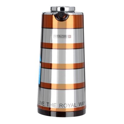 Royalford RF9589 1.6L Double Wall Golden Figured Vacuum Flask - Portable Heat Insulated Thermos Hot/Cold Long Hours Retention | Push Button | Coffee, Hot Water, Tea, Beverage | Ideal for Commercial & Outings