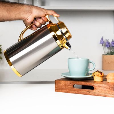 Royalford 1.3 L (44.0 oz) Vacuum Flask- RF12123| With Pink Glass Inner and Stainless Steel Outer Body| Keeps Your Drinks Hot or Cold, Asbestos-Free and Hygienic| Leak-Proof and Portable Design| Suitable for Indoor and Outdoor Use| Silver and Golden Royalford 1.3 L (44.0 oz) Vacuum Flask- RF12123| With Pink Glass Inner and Stainless Steel Outer Body| Keeps Your Drinks Hot or Cold, Asbestos-Free and Hygienic| Leak-Proof and Portable Design| Suitable for Indoor and Outdoor Use| Silver and Golden