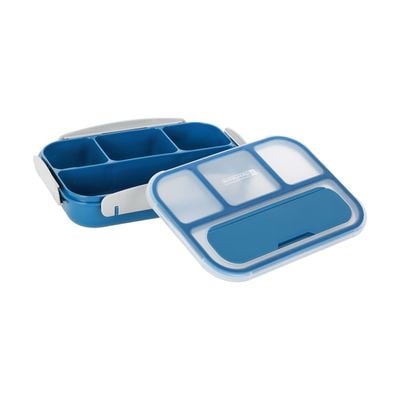 Royalford 1000 ml Lunch Box with Cutlery- RF12595/ Rectangle Tiffin with Transparent Lid, Spoon and 4 Compartments/ Plastic, for Kids and Adults for Schools and Offices/ Sturdy Locks, Leak-Proof, Non-Toxic, Tasteless and Durable/ Blue