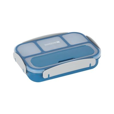 Royalford 1000 ml Lunch Box with Cutlery- RF12595/ Rectangle Tiffin with Transparent Lid, Spoon and 4 Compartments/ Plastic, for Kids and Adults for Schools and Offices/ Sturdy Locks, Leak-Proof, Non-Toxic, Tasteless and Durable/ Blue