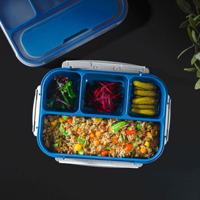 Royalford 1000 ml Lunch Box with Cutlery- RF12595/ Rectangle Tiffin with Transparent Lid, Spoon and 4 Compartments/ Plastic, for Kids and Adults for Schools and Offices/ Sturdy Locks, Leak-Proof, Non-Toxic, Tasteless and Durable/ Blue