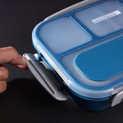 Royalford 1000 ml Lunch Box with Cutlery- RF12595/ Rectangle Tiffin with Transparent Lid, Spoon and 4 Compartments/ Plastic, for Kids and Adults for Schools and Offices/ Sturdy Locks, Leak-Proof, Non-Toxic, Tasteless and Durable/ Blue