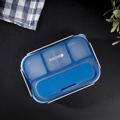 Royalford 1000 ml Lunch Box with Cutlery- RF12595/ Rectangle Tiffin with Transparent Lid, Spoon and 4 Compartments/ Plastic, for Kids and Adults for Schools and Offices/ Sturdy Locks, Leak-Proof, Non-Toxic, Tasteless and Durable/ Blue