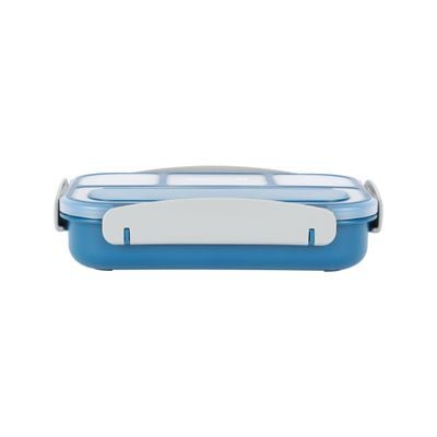 Royalford 1000 ml Lunch Box with Cutlery- RF12595/ Rectangle Tiffin with Transparent Lid, Spoon and 4 Compartments/ Plastic, for Kids and Adults for Schools and Offices/ Sturdy Locks, Leak-Proof, Non-Toxic, Tasteless and Durable/ Blue