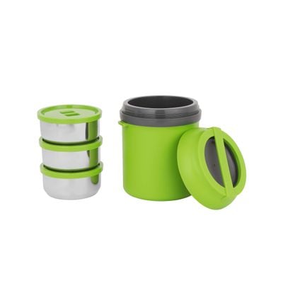 Royalford 800 ML Wonder Meal Lunch Box With 3 Containers- RF11693| Round Boxes With Stainless Steel Inner And Super PU Insulation| Premium-Quality, 100% Food-Grade, BPA-Free, Airtight Container To Keep Food Fresh| Built-In Rubber Ring, High Heat Retaining Capacity| Compact, Portable Design| Green