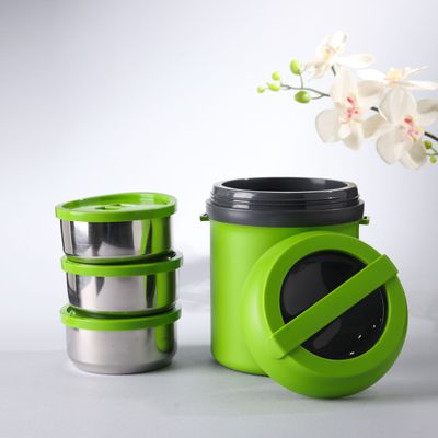 Royalford 800 ML Wonder Meal Lunch Box With 3 Containers- RF11693| Round Boxes With Stainless Steel Inner And Super PU Insulation| Premium-Quality, 100% Food-Grade, BPA-Free, Airtight Container To Keep Food Fresh| Built-In Rubber Ring, High Heat Retaining Capacity| Compact, Portable Design| Green