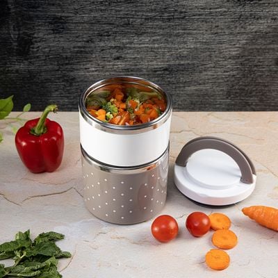 Royalford RF6145 Double Layer Lunch Box - Leak-Proof & Airtight Lid Food Storage Container - High-Quality Stainless Steel Inner, Durable, Non-Toxic and Extended Fastening Lid Design - Portable and Dishwasher Safe