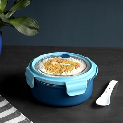 Royalford 700 ml Lunch Box- RF12592/ with Stainless Steel Inner and Plastic Body, Round Tiffin with Lid, 4 Side Locks/ Food-Grade, BPA-Free, Airtight and Leakproof Containers for Kids and Adults, to Keep Foods Fresh/ Compact and Portable Design/ Silver and Blue