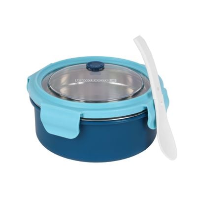 Royalford 700 ml Lunch Box- RF12592/ with Stainless Steel Inner and Plastic Body, Round Tiffin with Lid, 4 Side Locks/ Food-Grade, BPA-Free, Airtight and Leakproof Containers for Kids and Adults, to Keep Foods Fresh/ Compact and Portable Design/ Silver and Blue