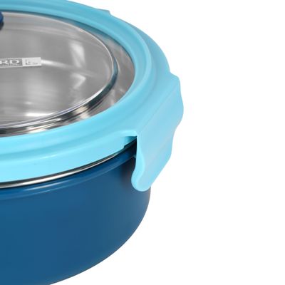 Royalford 1000 ml Lunch Box- RF12593/ with Stainless Steel Inner and Plastic Body, Round Tiffin with Lid, 4 Side Locks/ Food-Grade, BPA-Free, Airtight and Leakproof Containers for Kids and Adults, to Keep Foods Fresh/ Compact and Portable Design/ Silver and Blue