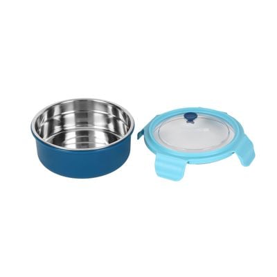 Royalford 1000 ml Lunch Box- RF12593/ with Stainless Steel Inner and Plastic Body, Round Tiffin with Lid, 4 Side Locks/ Food-Grade, BPA-Free, Airtight and Leakproof Containers for Kids and Adults, to Keep Foods Fresh/ Compact and Portable Design/ Silver and Blue