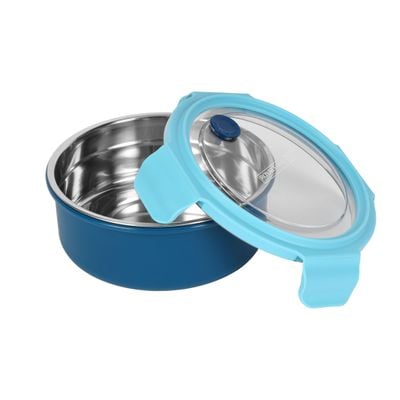 Royalford 1000 ml Lunch Box- RF12593/ with Stainless Steel Inner and Plastic Body, Round Tiffin with Lid, 4 Side Locks/ Food-Grade, BPA-Free, Airtight and Leakproof Containers for Kids and Adults, to Keep Foods Fresh/ Compact and Portable Design/ Silver and Blue