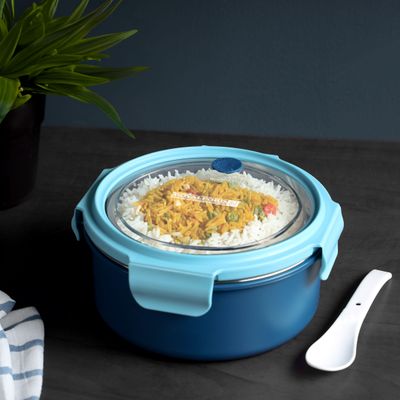 Royalford 1000 ml Lunch Box- RF12593/ with Stainless Steel Inner and Plastic Body, Round Tiffin with Lid, 4 Side Locks/ Food-Grade, BPA-Free, Airtight and Leakproof Containers for Kids and Adults, to Keep Foods Fresh/ Compact and Portable Design/ Silver and Blue