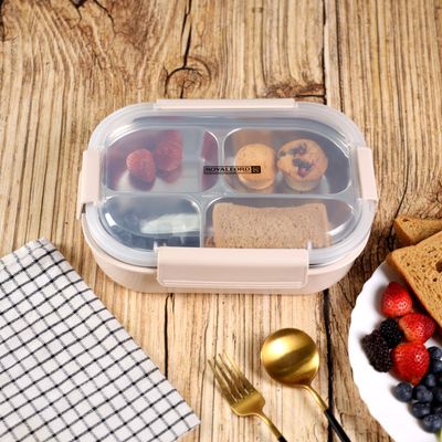 Royalford 900 ml Lunch Box- RF12119/ Rectangular Tiffin with Transparent Lid and 4 Compartments/ Removable Stainless Steel Inner Container for Kids and Toddlers, Suitable for Schools, Office, Nursery, Picnic/ Sturdy 4 Locks, High Heat Retaining Efficiency, Easy to Carry/ Pink