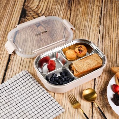 Royalford 900 ml Lunch Box- RF12119/ Rectangular Tiffin with Transparent Lid and 4 Compartments/ Removable Stainless Steel Inner Container for Kids and Toddlers, Suitable for Schools, Office, Nursery, Picnic/ Sturdy 4 Locks, High Heat Retaining Efficiency, Easy to Carry/ Pink