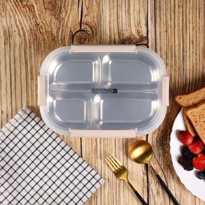 Royalford 900 ml Lunch Box- RF12119/ Rectangular Tiffin with Transparent Lid and 4 Compartments/ Removable Stainless Steel Inner Container for Kids and Toddlers, Suitable for Schools, Office, Nursery, Picnic/ Sturdy 4 Locks, High Heat Retaining Efficiency, Easy to Carry/ Pink