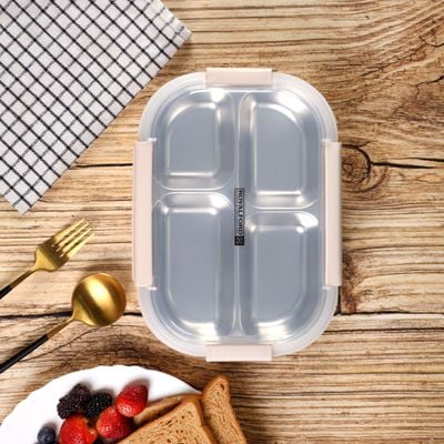 Royalford 900 ml Lunch Box- RF12119/ Rectangular Tiffin with Transparent Lid and 4 Compartments/ Removable Stainless Steel Inner Container for Kids and Toddlers, Suitable for Schools, Office, Nursery, Picnic/ Sturdy 4 Locks, High Heat Retaining Efficiency, Easy to Carry/ Pink