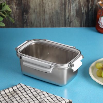 Royalford 1000 ml Stainless Steel Lunch Box- RF12172/ Rectangle Tiffin with Polymer Lid, 4 Side Locks/ Food-Grade, BPA-Free, Airtight and Leakproof Containers for Kids and Adults, to Keep Foods Fresh/ Compact and Portable Design/ Silver