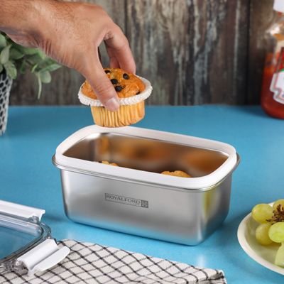 Royalford 1000 ml Stainless Steel Lunch Box- RF12172/ Rectangle Tiffin with Polymer Lid, 4 Side Locks/ Food-Grade, BPA-Free, Airtight and Leakproof Containers for Kids and Adults, to Keep Foods Fresh/ Compact and Portable Design/ Silver